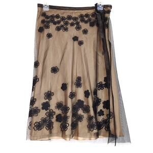 Allison Taylor High Waist Midi Tulle Skirt Embroidered Brown Black Womens Size 6
